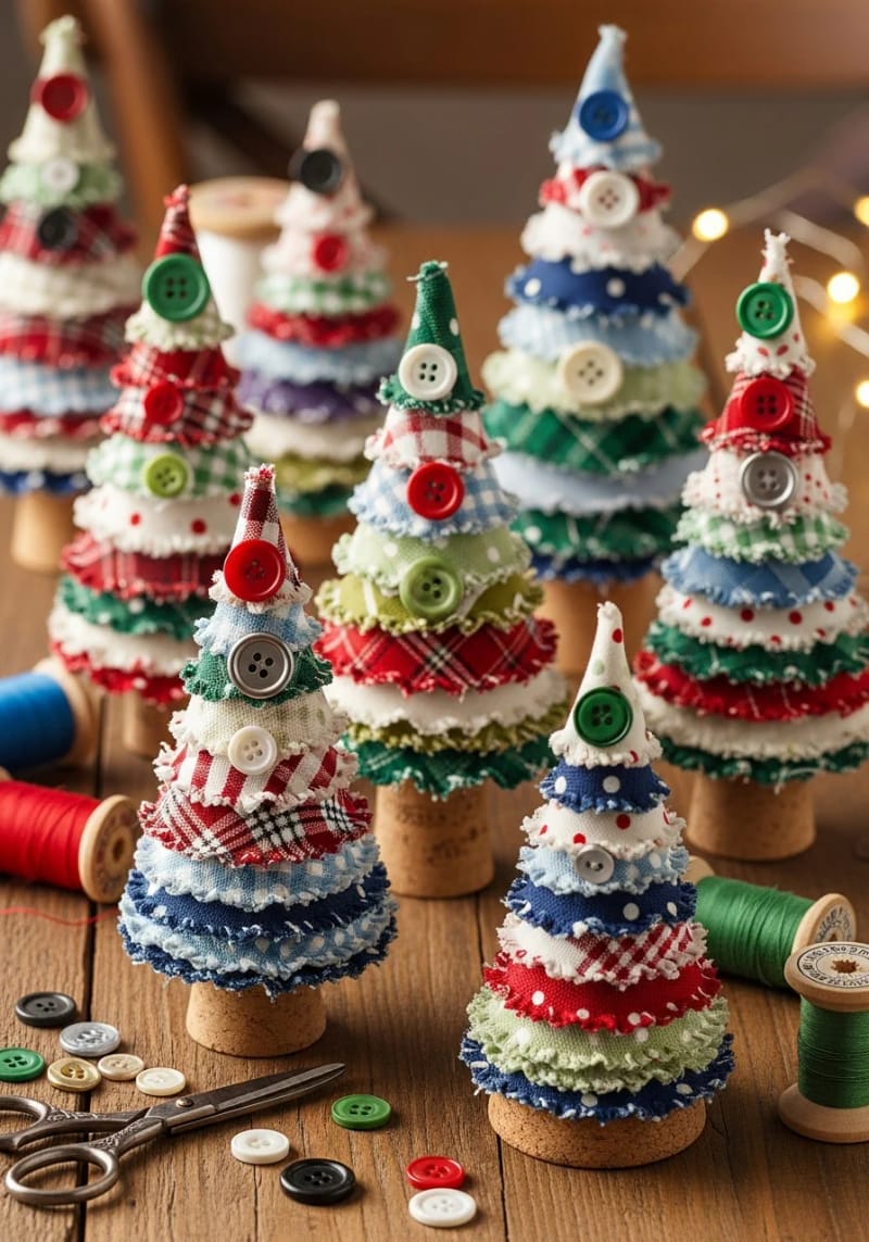 mini christmas trees made from layered fabric scraps and buttons 1