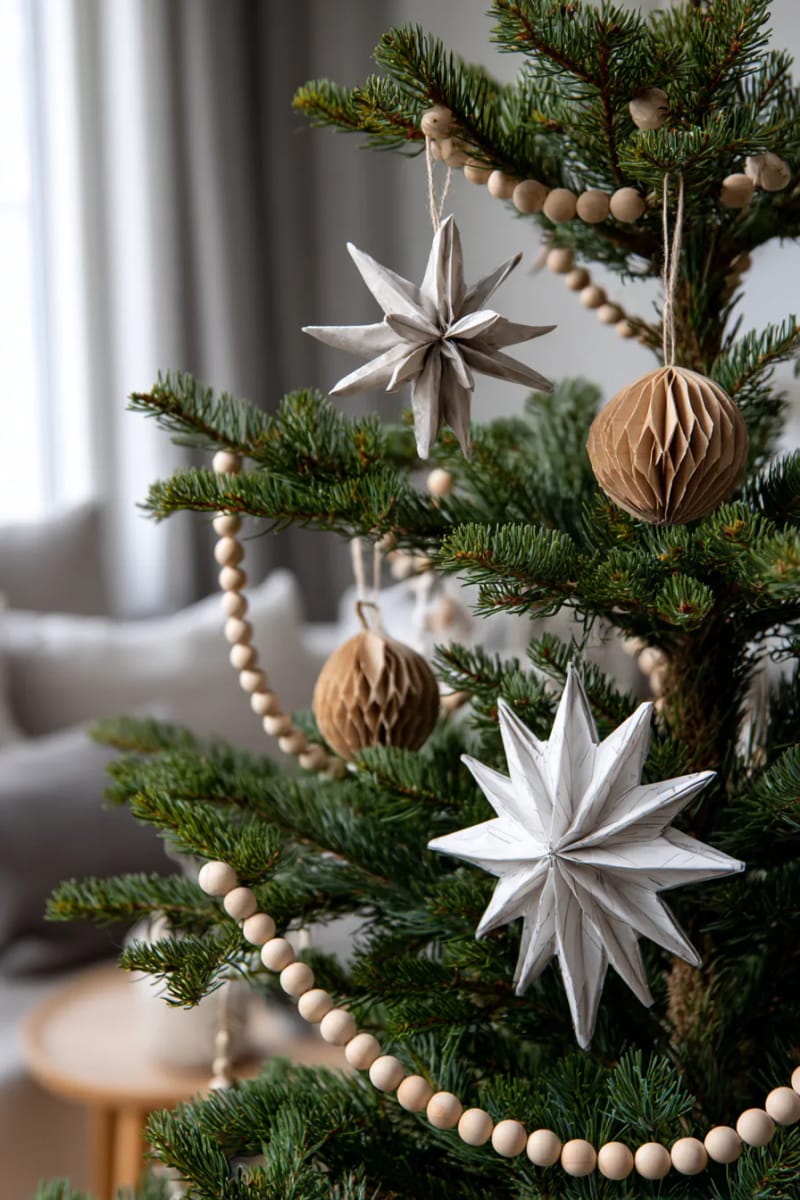 minimalist christmas tree decorated with wood bead strands and paper stars 1