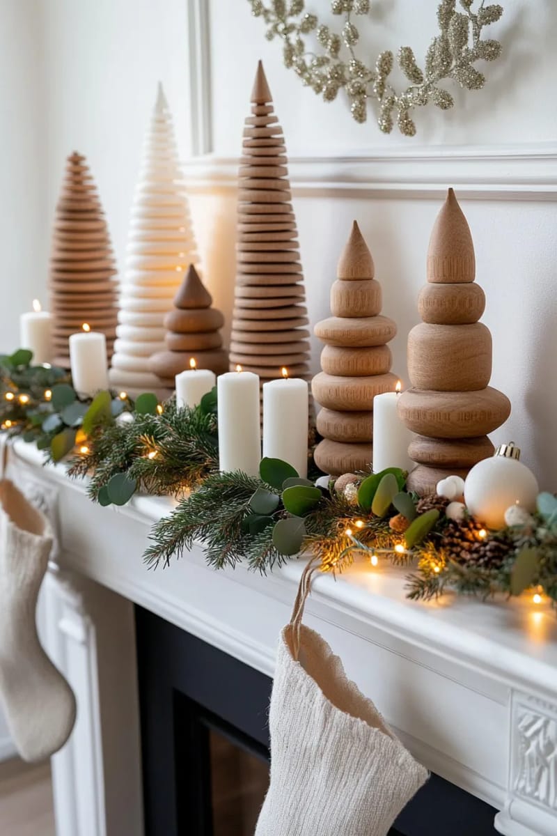 minimalist wooden bead trees lined up on the mantle 1