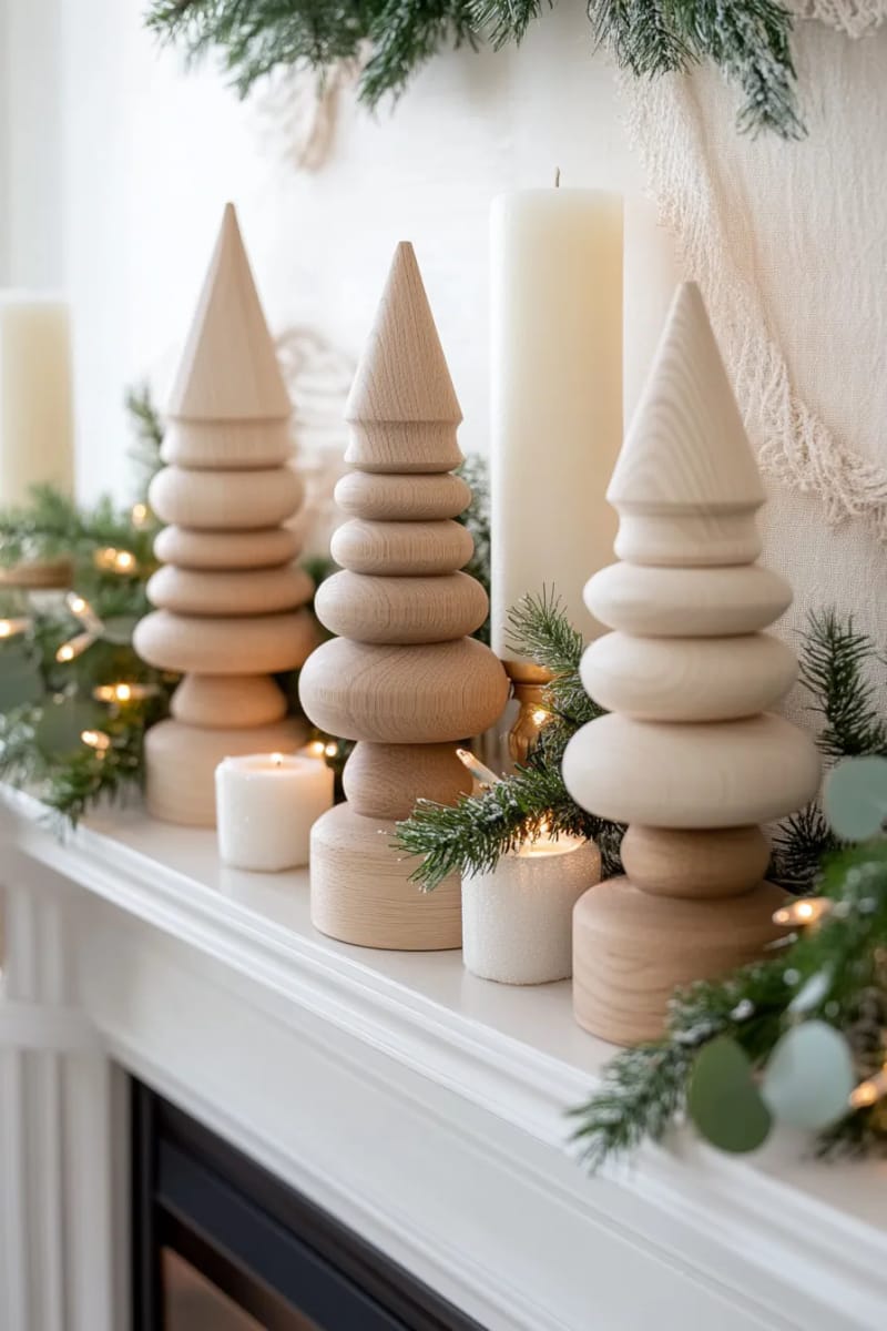 minimalist wooden bead trees lined up on the mantle 1