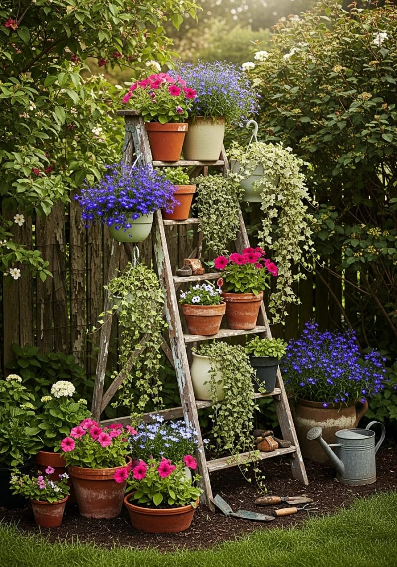 21 Upcycled Garden Decor Ideas with Modern Charm 45 old ladder shelves displaying cascading potted blooms 1