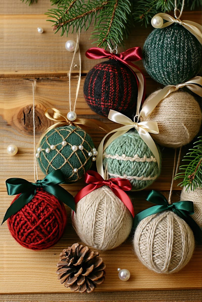 old sweater baubles with ribbon and pearl embellishments 1