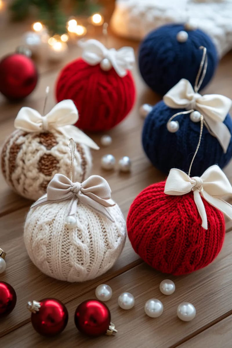 old sweater baubles with ribbon and pearl embellishments 1
