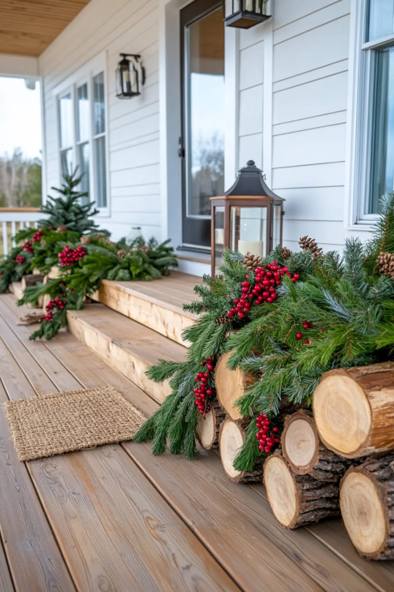 outdoor porch decorated with log piles and natural evergreen swags 1