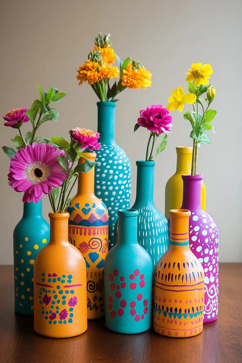 19 Creative Upcycled Home Decor Ideas to Refresh Your Space 17 painted glass bottles arranged as a colorful vase centerpiece 1
