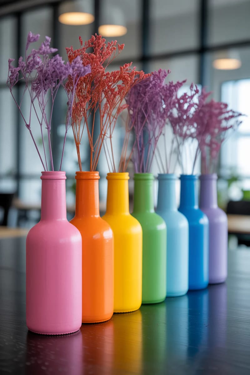 19 Creative Upcycled Home Decor Ideas to Refresh Your Space 18 painted glass bottles arranged as a colorful vase centerpiece 1