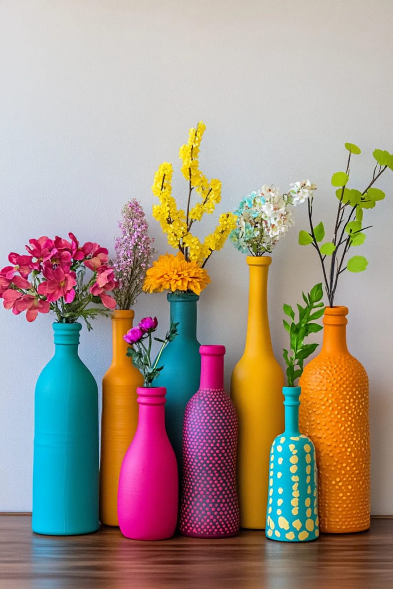 19 Creative Upcycled Home Decor Ideas to Refresh Your Space 19 painted glass bottles arranged as a colorful vase centerpiece 1
