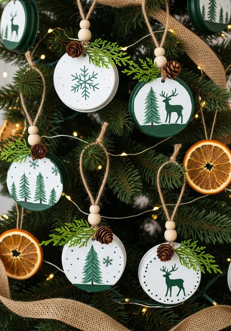 painted jar lids as rustic tree ornaments 1