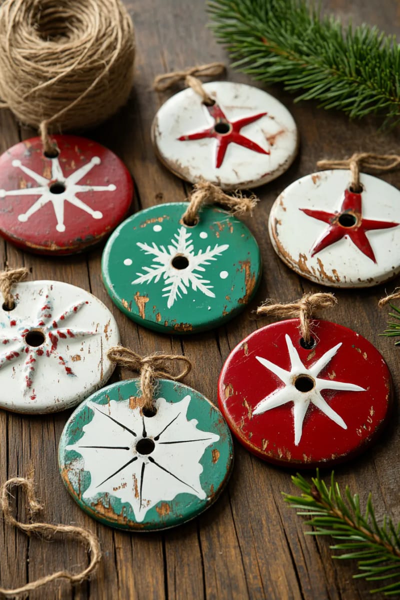 painted jar lids as rustic tree ornaments 1