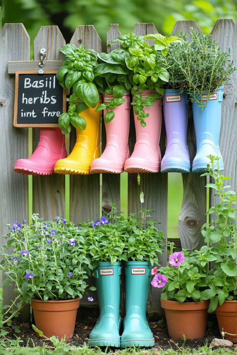 21 Upcycled Garden Decor Ideas with Modern Charm 9 painted rain boot herb gardens hanging on a wooden fence 1