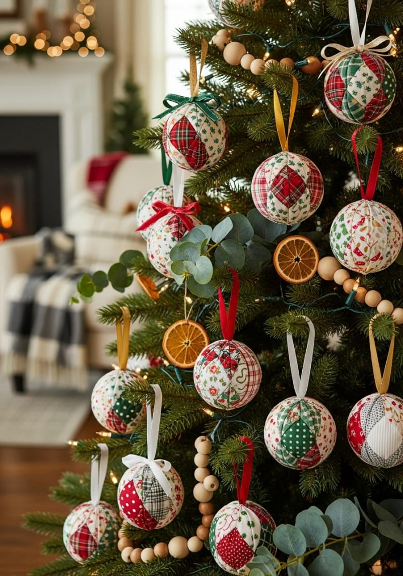 patchwork fabric ornament balls with ribbon hangers 1