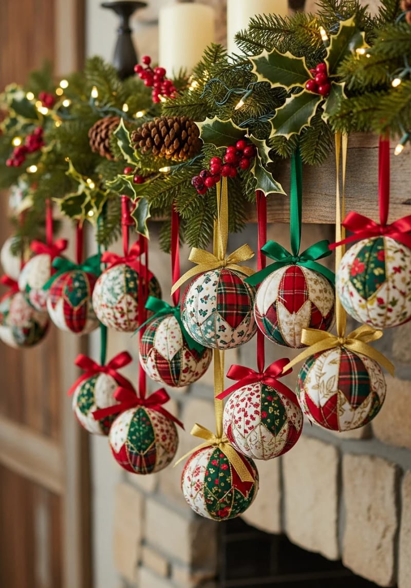 patchwork fabric ornament balls with ribbon hangers 1