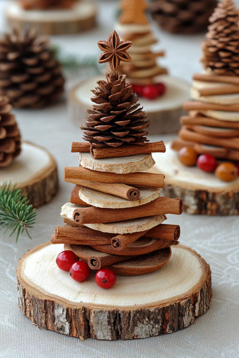 pinecone and cinnamon stick tree centerpieces on wood slices 1