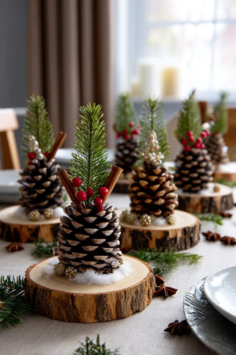 pinecone and cinnamon stick tree centerpieces on wood slices 1