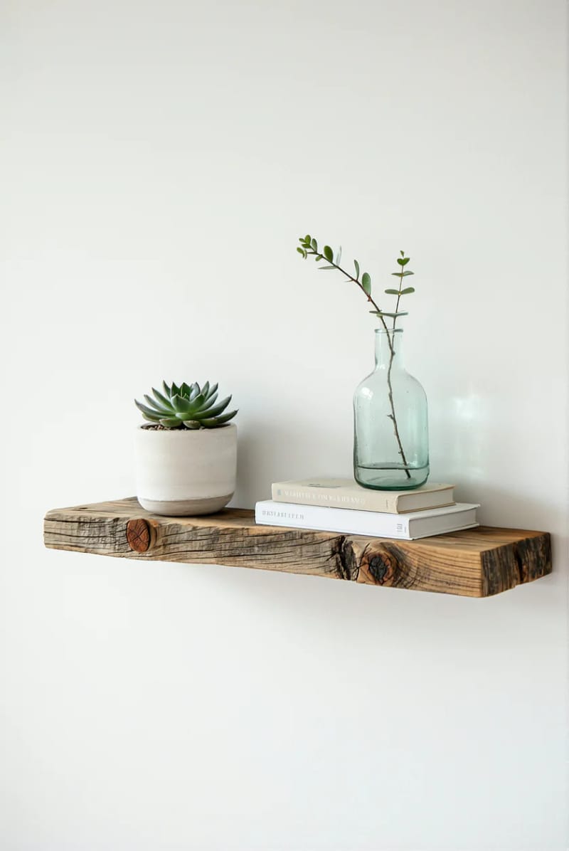 19 Creative Upcycled Home Decor Ideas to Refresh Your Space 46 reclaimed wood planks arranged as a minimalist floating shelf 1