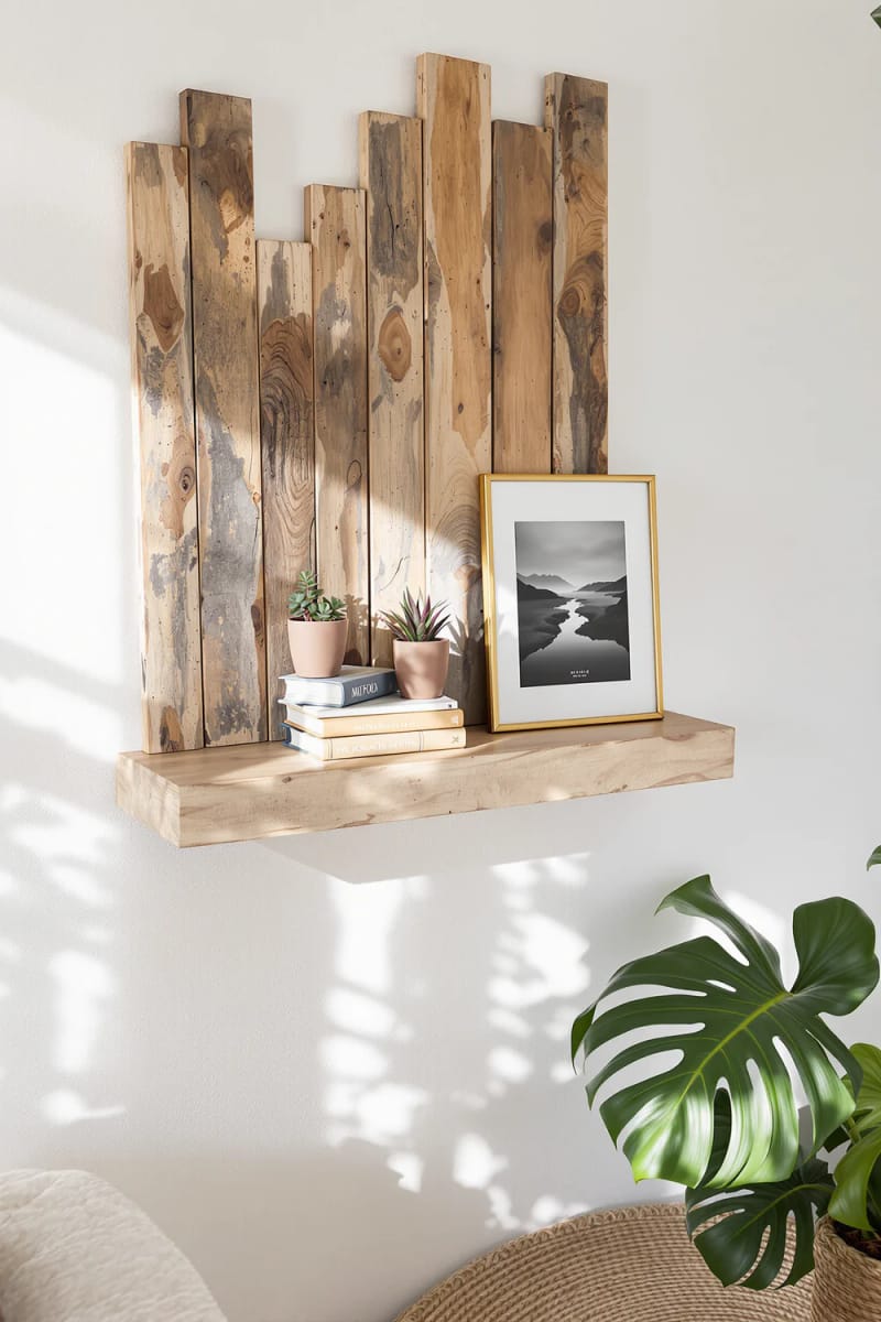 19 Creative Upcycled Home Decor Ideas to Refresh Your Space 47 reclaimed wood planks arranged as a minimalist floating shelf 1