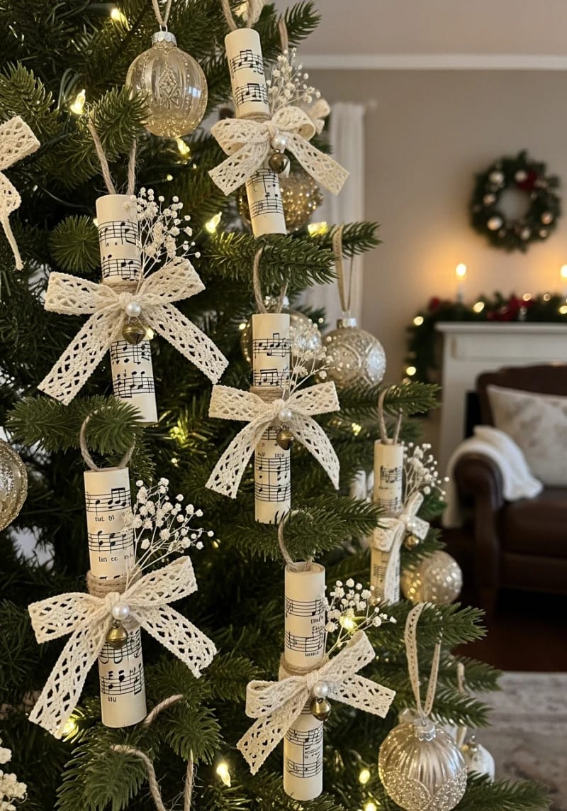 rolled sheet music christmas tree ornaments with vintage lace 1