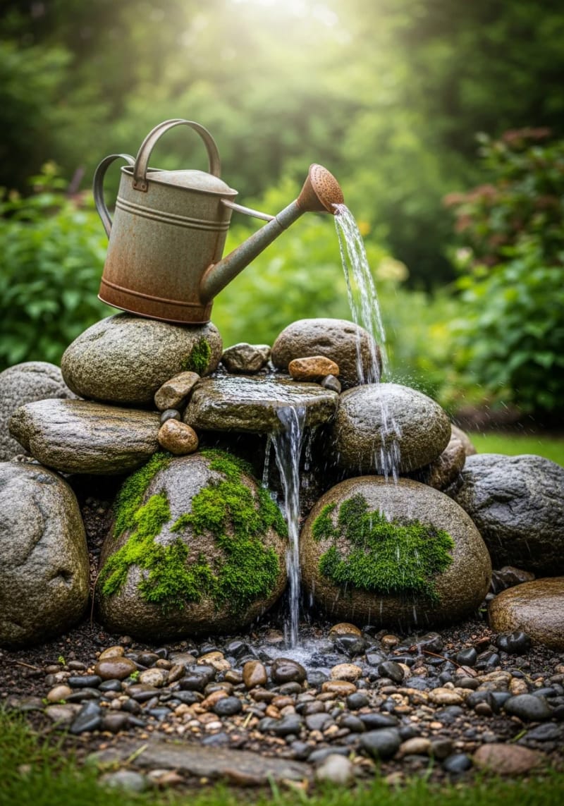 21 Upcycled Garden Decor Ideas with Modern Charm 60 rusted watering can waterfall feature with rocks and moss 1
