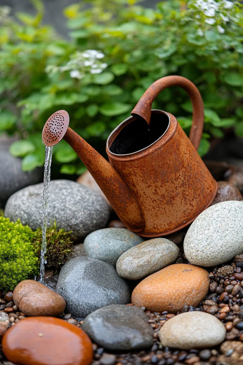 21 Upcycled Garden Decor Ideas with Modern Charm 61 rusted watering can waterfall feature with rocks and moss 1
