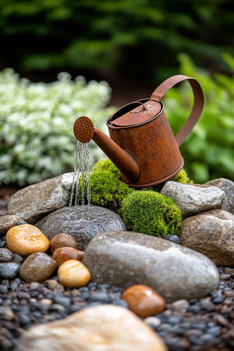 21 Upcycled Garden Decor Ideas with Modern Charm 62 rusted watering can waterfall feature with rocks and moss 1