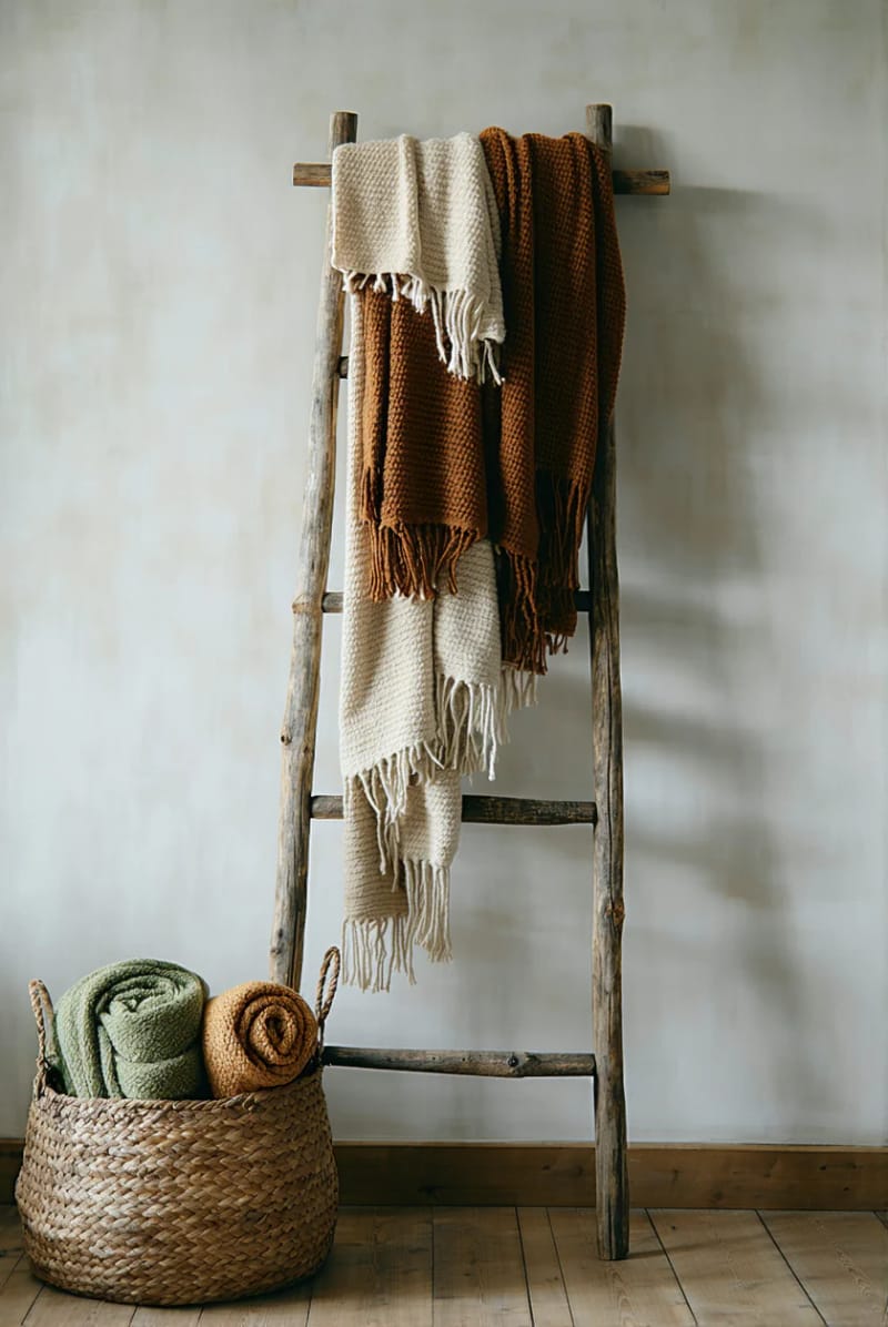 19 Creative Upcycled Home Decor Ideas to Refresh Your Space 14 rustic ladder transformed into a cozy blanket rack 1