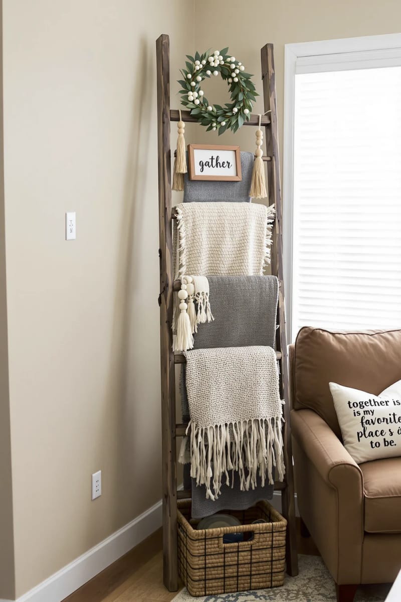 19 Creative Upcycled Home Decor Ideas to Refresh Your Space 16 rustic ladder transformed into a cozy blanket rack 1