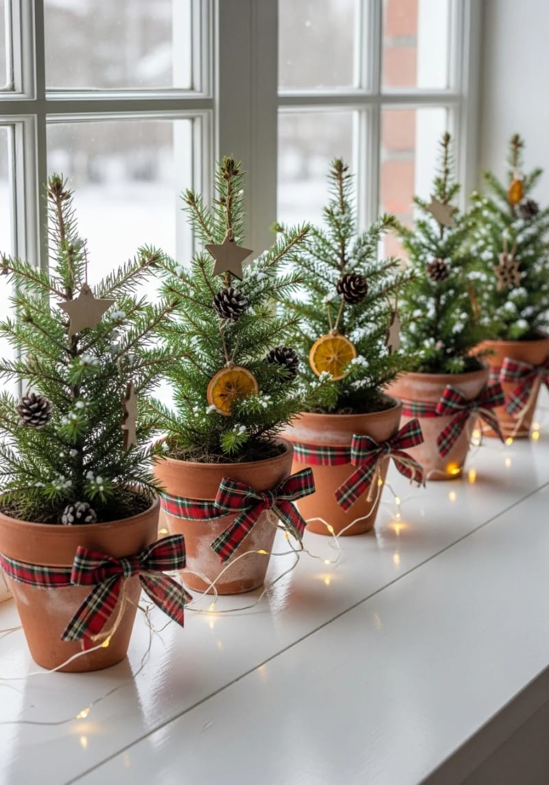 small clay pots holding mini evergreen trees for windowsills 1