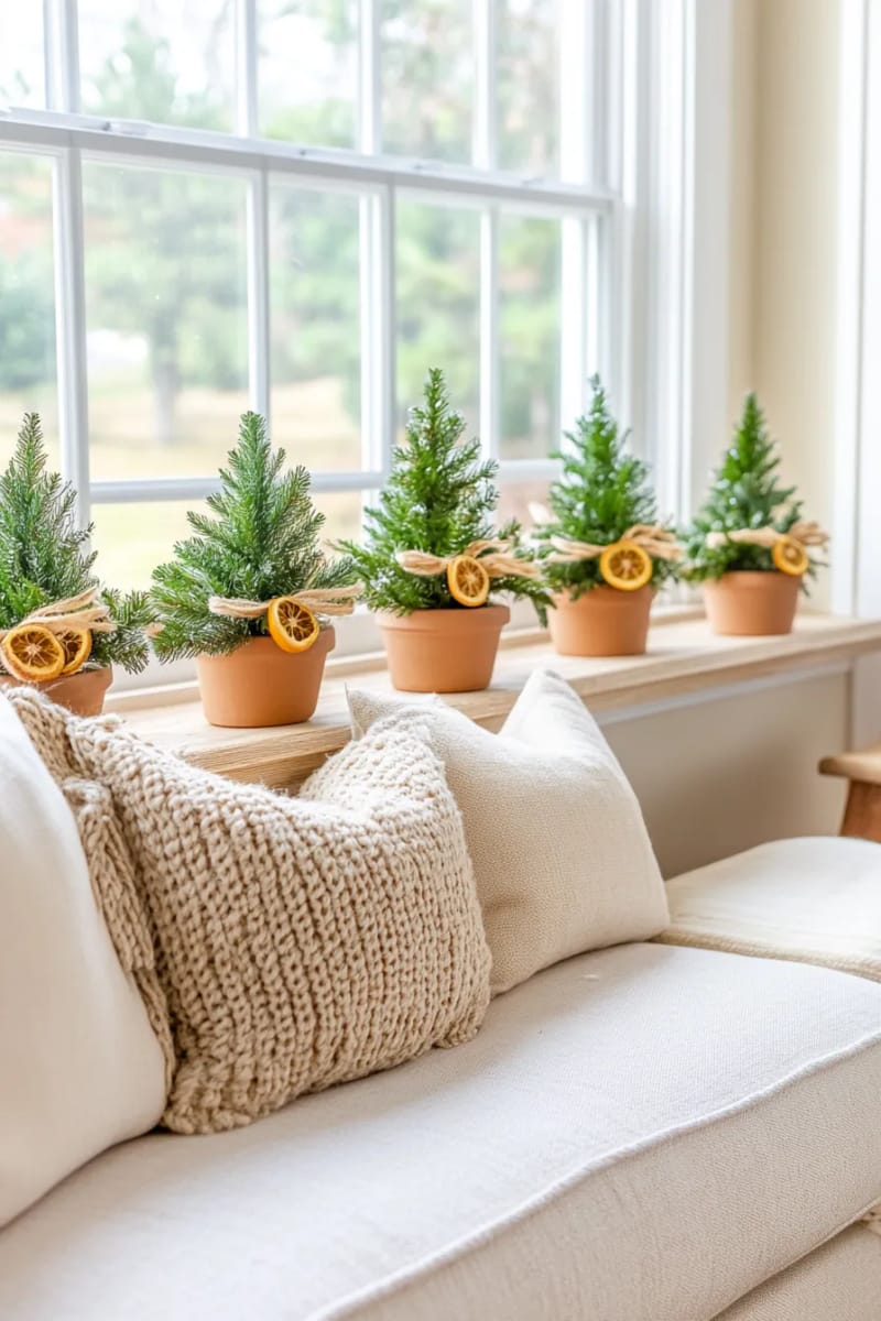 small clay pots holding mini evergreen trees for windowsills 1