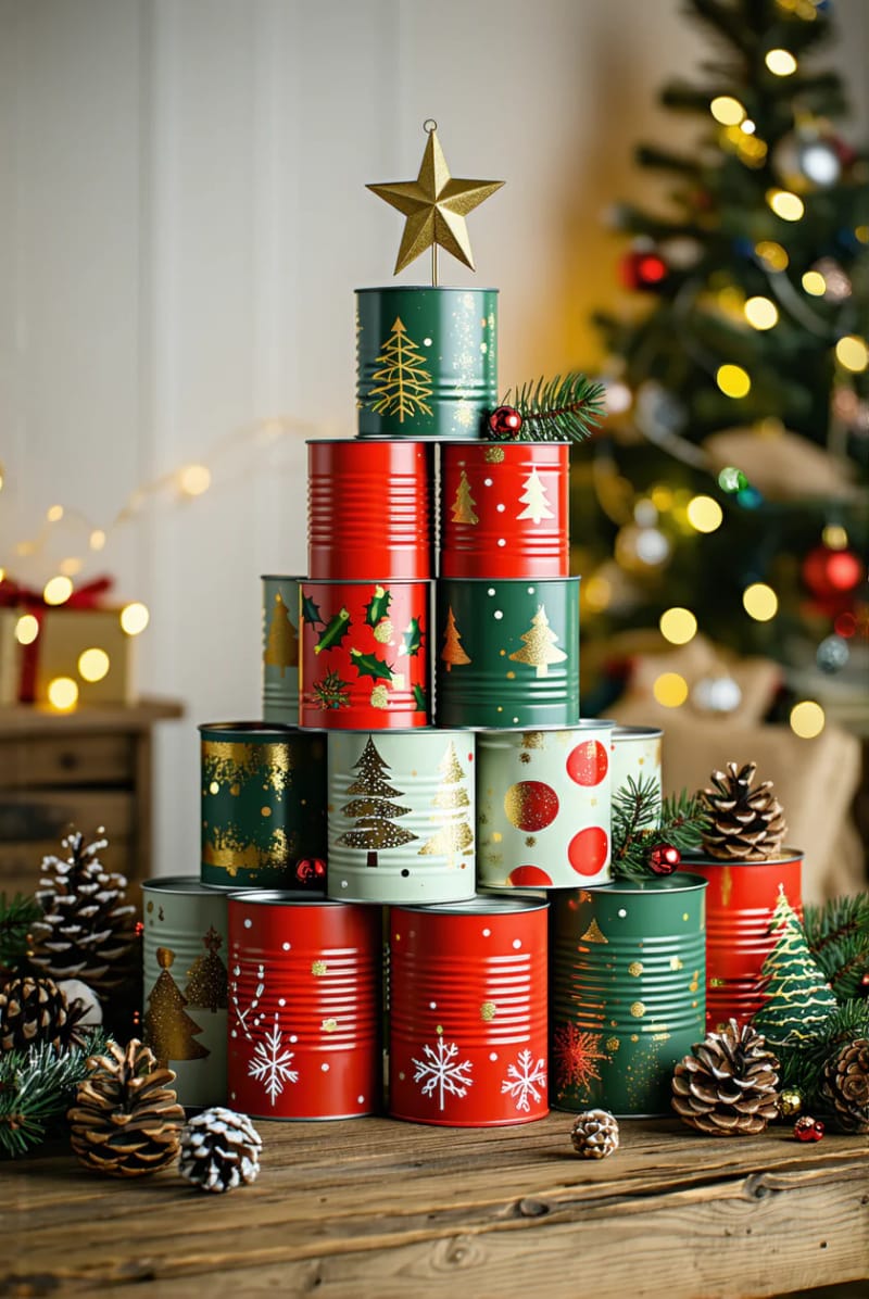 stacked tin can christmas trees, painted with festive vintage patterns 1