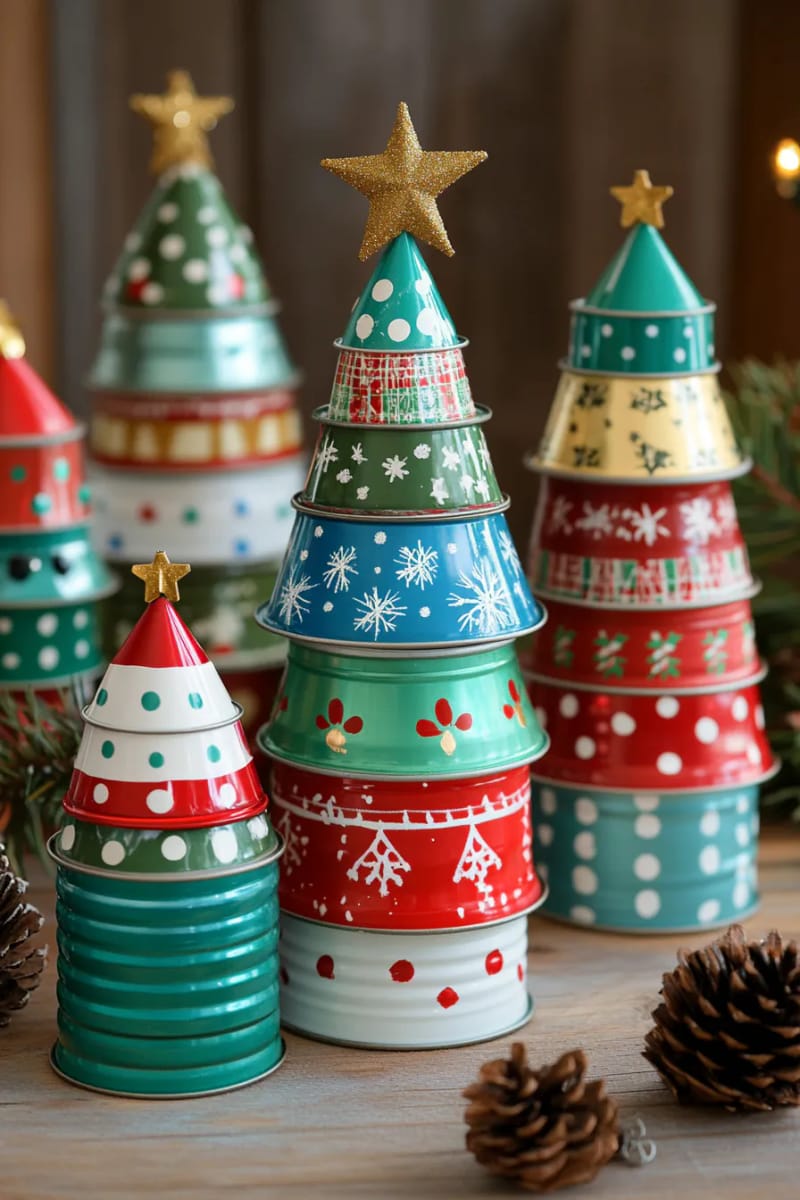 stacked tin can christmas trees, painted with festive vintage patterns 1