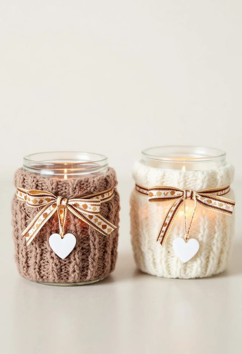 19 Creative Upcycled Home Decor Ideas to Refresh Your Space 33 sweater sleeves sewn into cozy candle jar covers 1