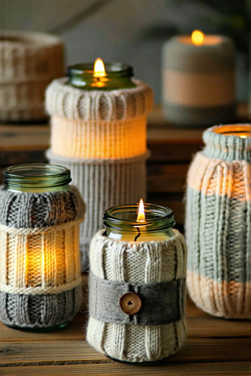 19 Creative Upcycled Home Decor Ideas to Refresh Your Space 34 sweater sleeves sewn into cozy candle jar covers 1