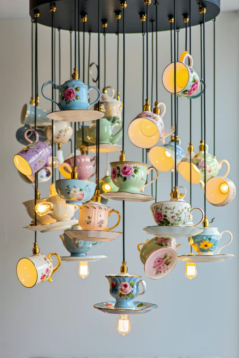 19 Creative Upcycled Home Decor Ideas to Refresh Your Space 6 teacup chandelier featuring mismatched porcelain and edison bulbs 1