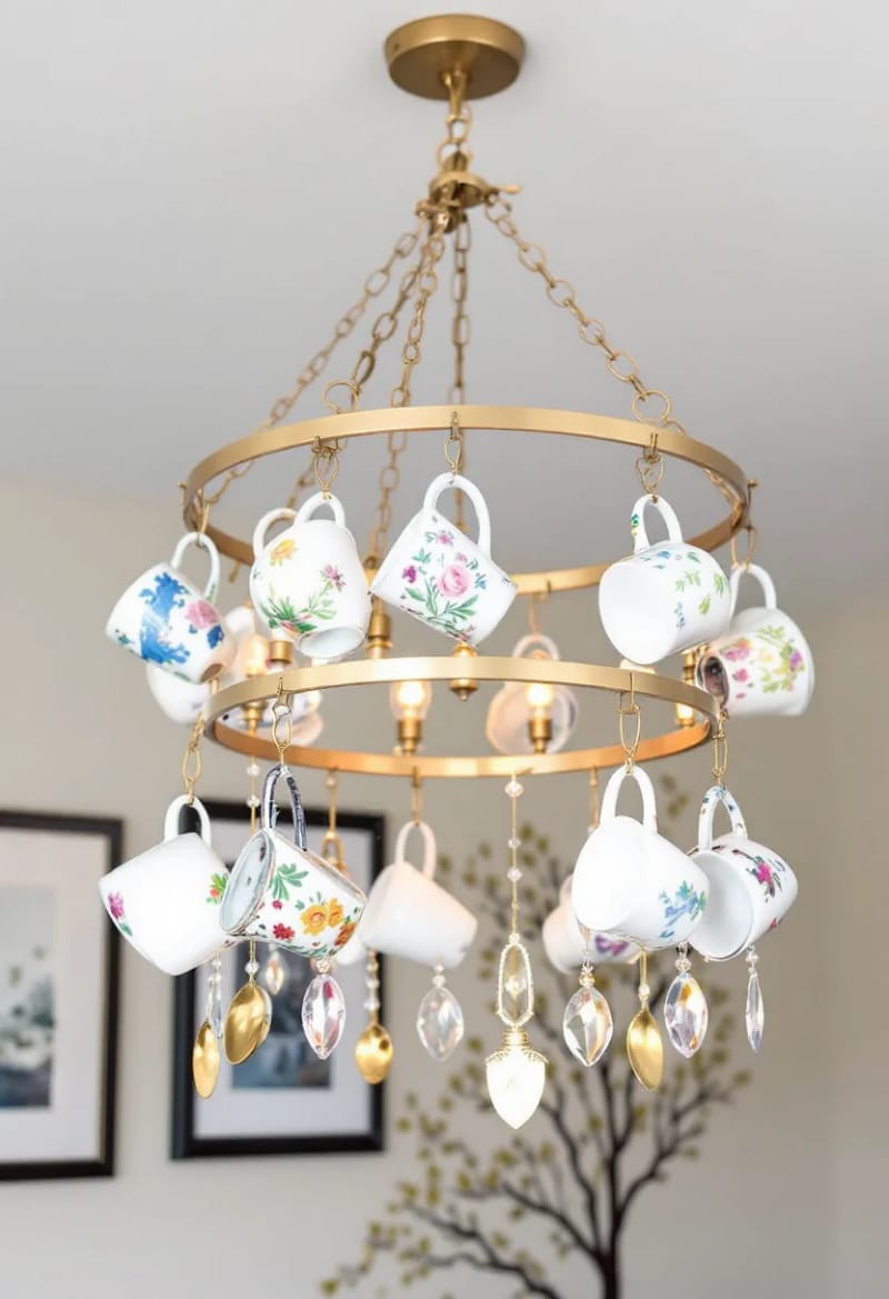 19 Creative Upcycled Home Decor Ideas to Refresh Your Space 7 teacup chandelier featuring mismatched porcelain and edison bulbs 1