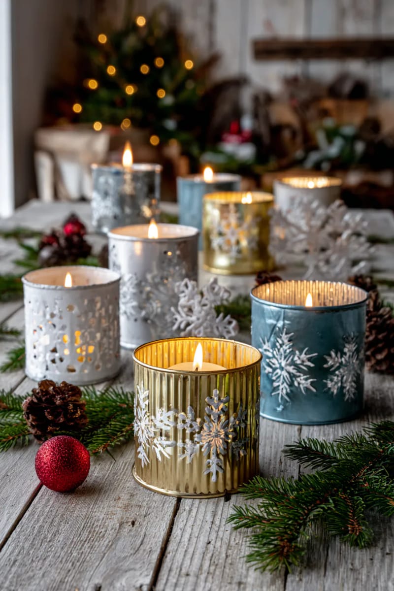 tin can luminaries with punched snowflake designs 1