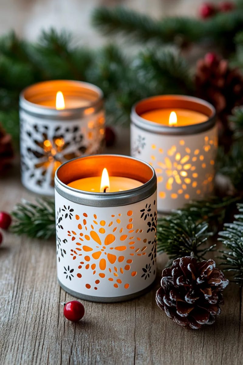 tin can luminaries with punched snowflake designs 1