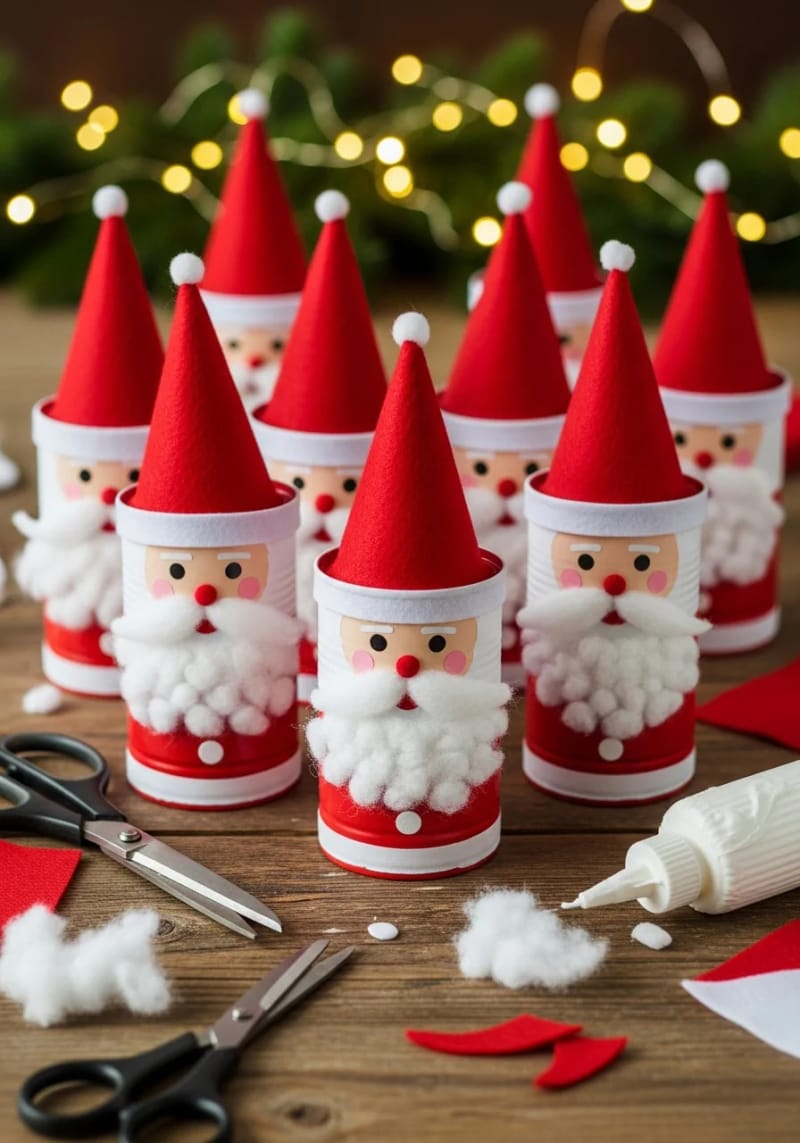 tin can santa figurines with felt hats and cotton beards 1