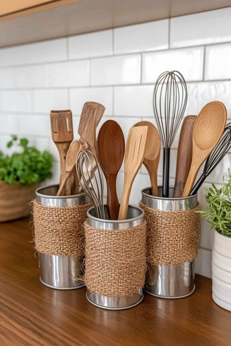 19 Creative Upcycled Home Decor Ideas to Refresh Your Space 26 tin cans wrapped in jute for farmhouse-style kitchen utensil holders 1