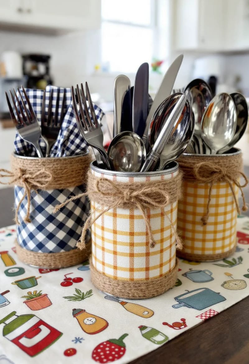19 Creative Upcycled Home Decor Ideas to Refresh Your Space 27 tin cans wrapped in jute for farmhouse-style kitchen utensil holders 1