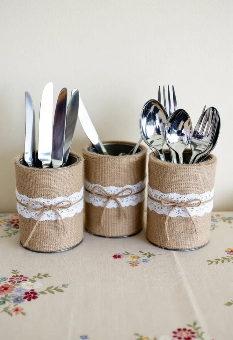 19 Creative Upcycled Home Decor Ideas to Refresh Your Space 28 tin cans wrapped in jute for farmhouse-style kitchen utensil holders 1