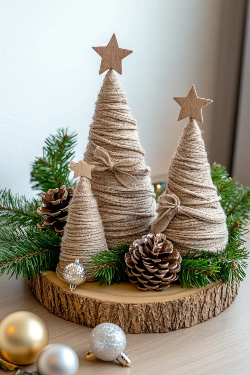 twine-wrapped cone trees with wood slice bases and rustic star toppers 1