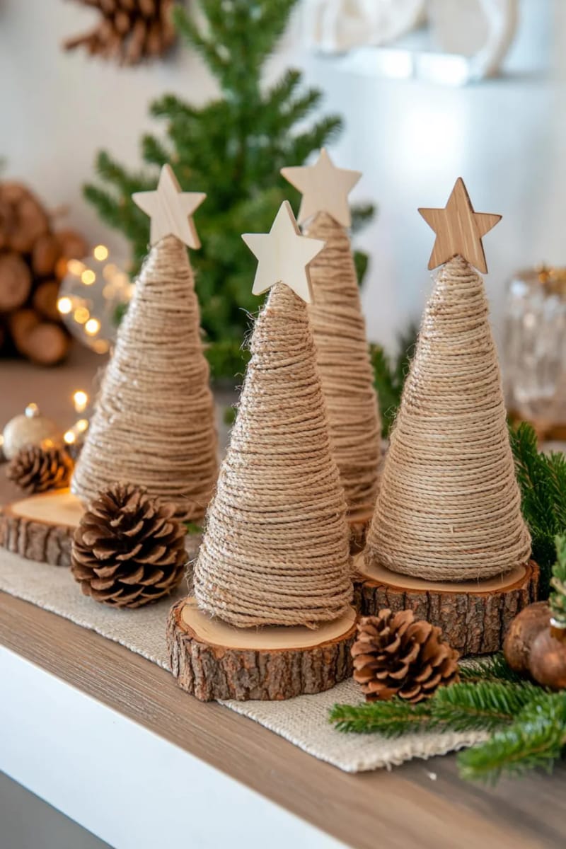twine-wrapped cone trees with wood slice bases and rustic star toppers 1