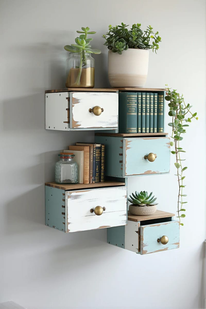 19 Creative Upcycled Home Decor Ideas to Refresh Your Space 12 upcycled dresser drawers stacked as unique wall shelves 1