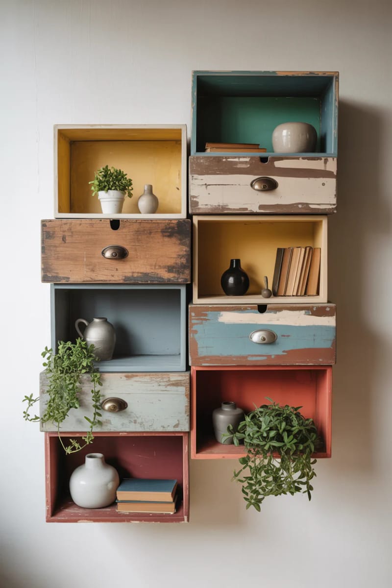 19 Creative Upcycled Home Decor Ideas to Refresh Your Space 13 upcycled dresser drawers stacked as unique wall shelves 1