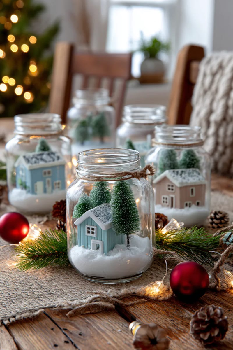 upcycled jar snow globes with tiny houses and bottle brush trees 1
