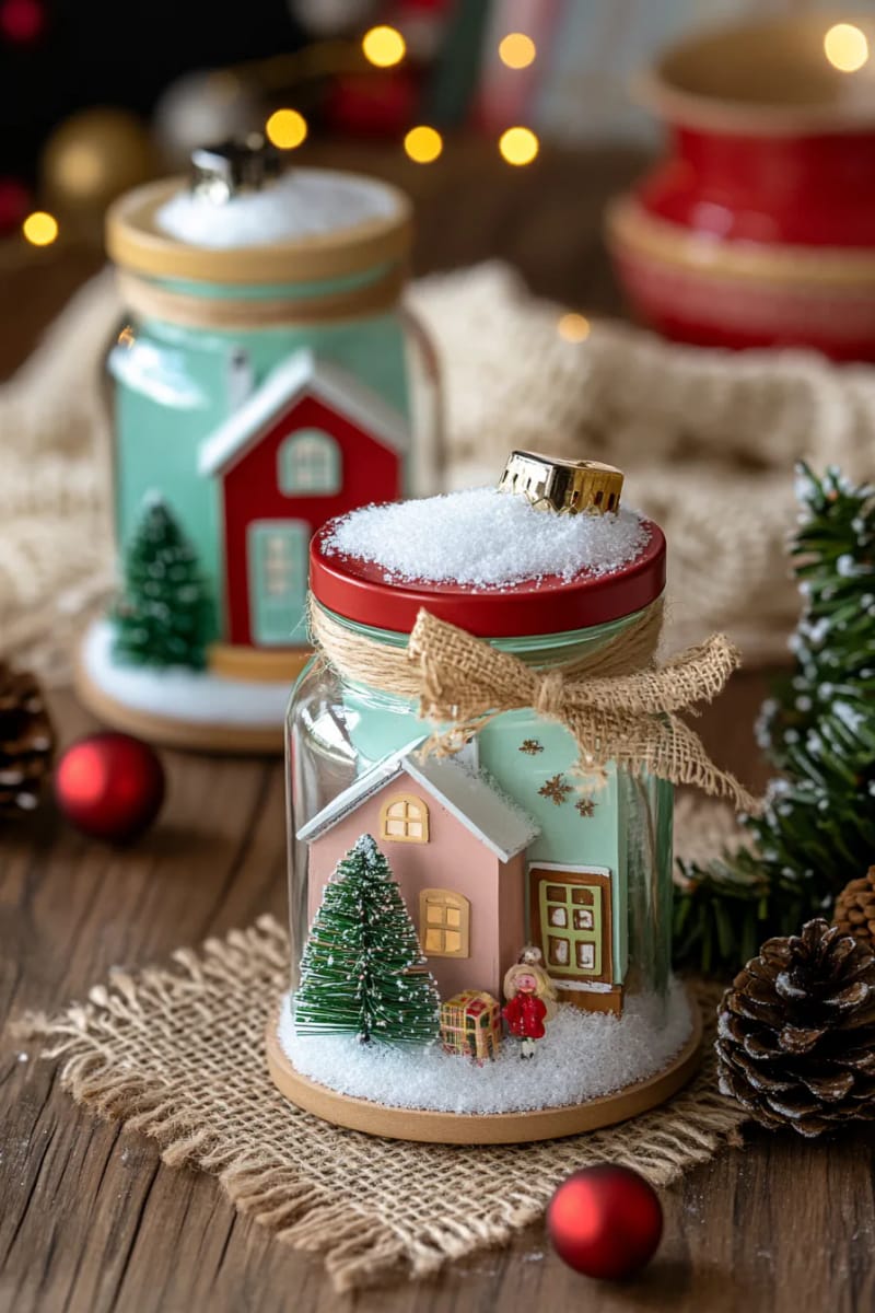 upcycled jar snow globes with tiny houses and bottle brush trees 1