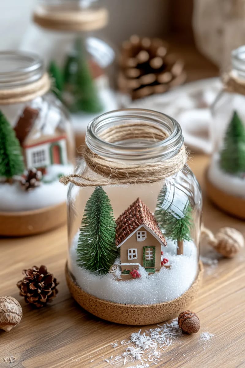upcycled jar snow globes with tiny houses and bottle brush trees 1