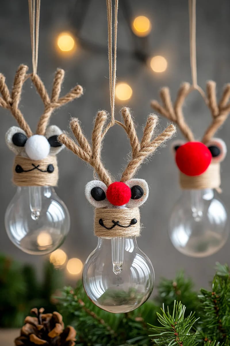 upcycled light bulb reindeer ornaments with brown pipe cleaners 1