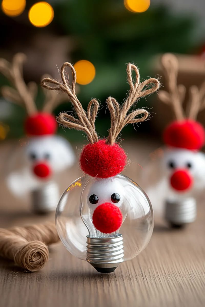 upcycled light bulb reindeer ornaments with brown pipe cleaners 1