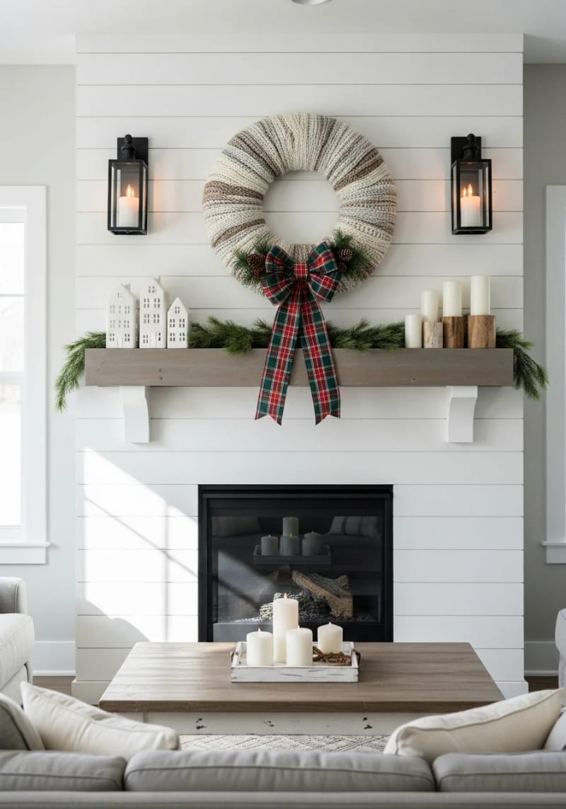 upcycled sweater wreath with plaid ribbon and pine sprigs 1